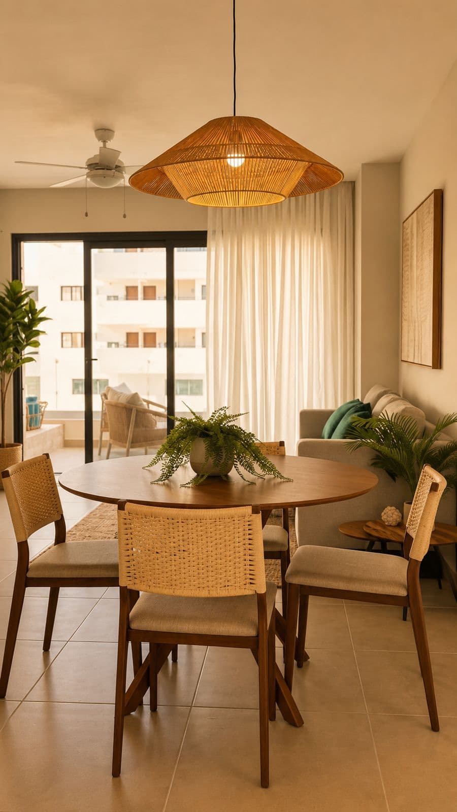Dining table under a woven lamp next to the balcony doors