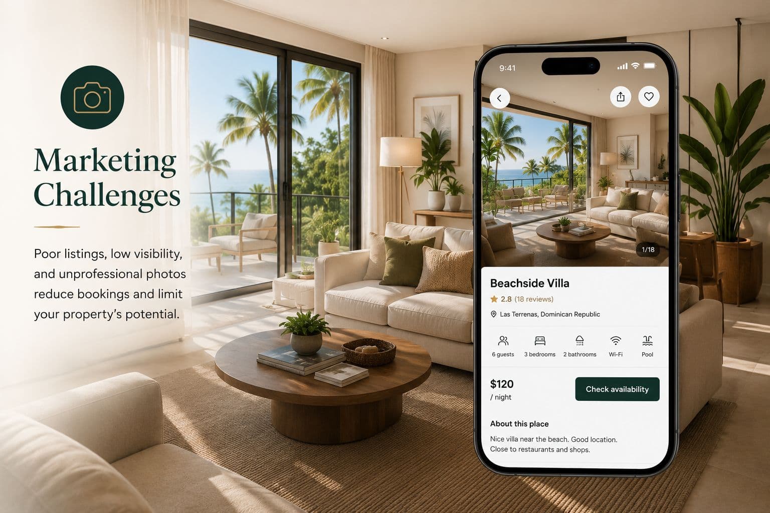 Phone showing a vacation rental listing