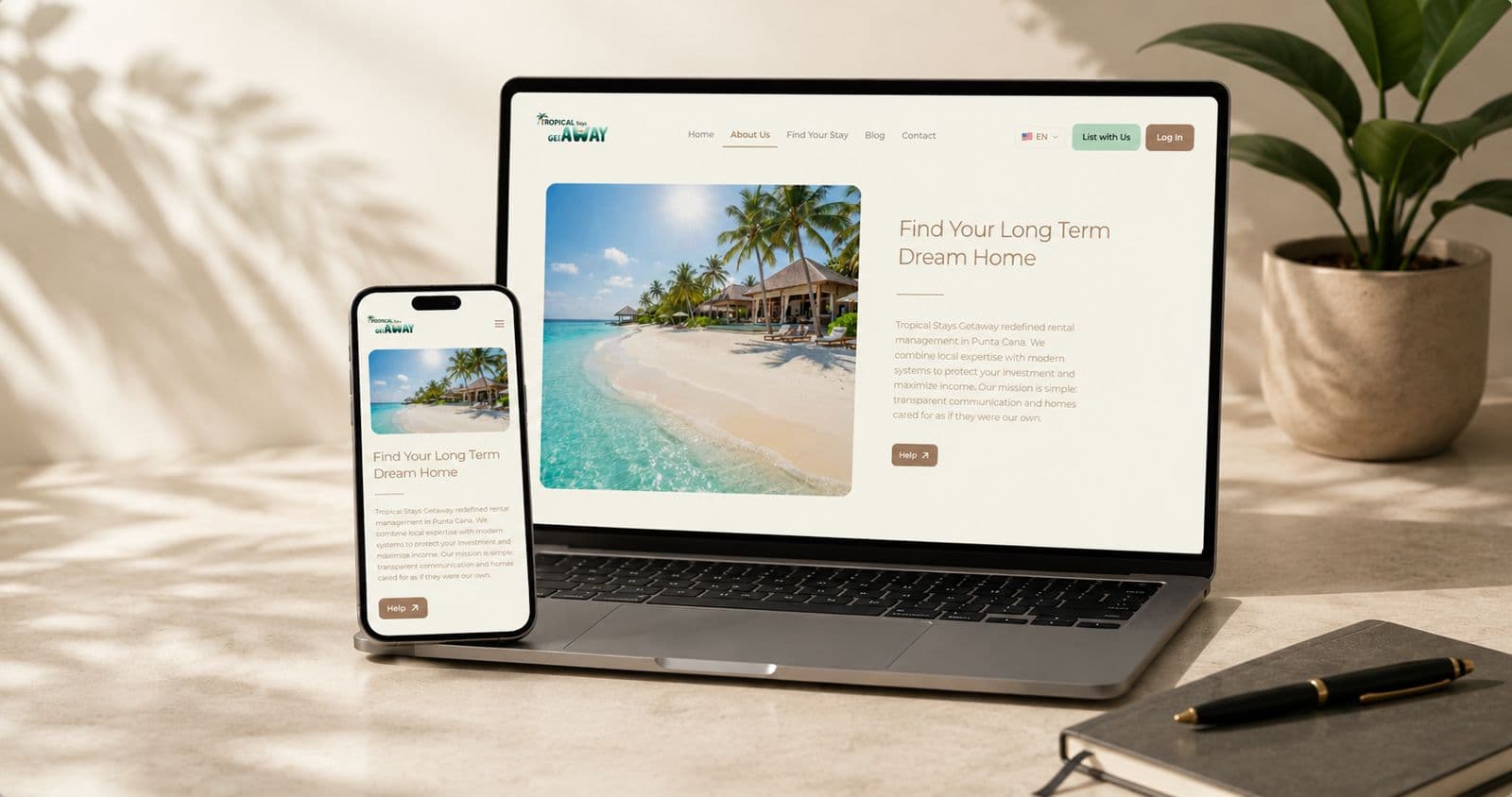 Laptop and phone showing the Tropical Stays Getaway long-term rentals site