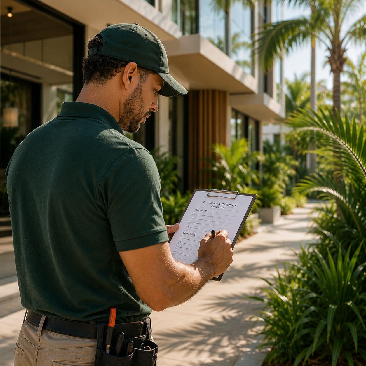 Technician checking a property with a clipboard in the garden