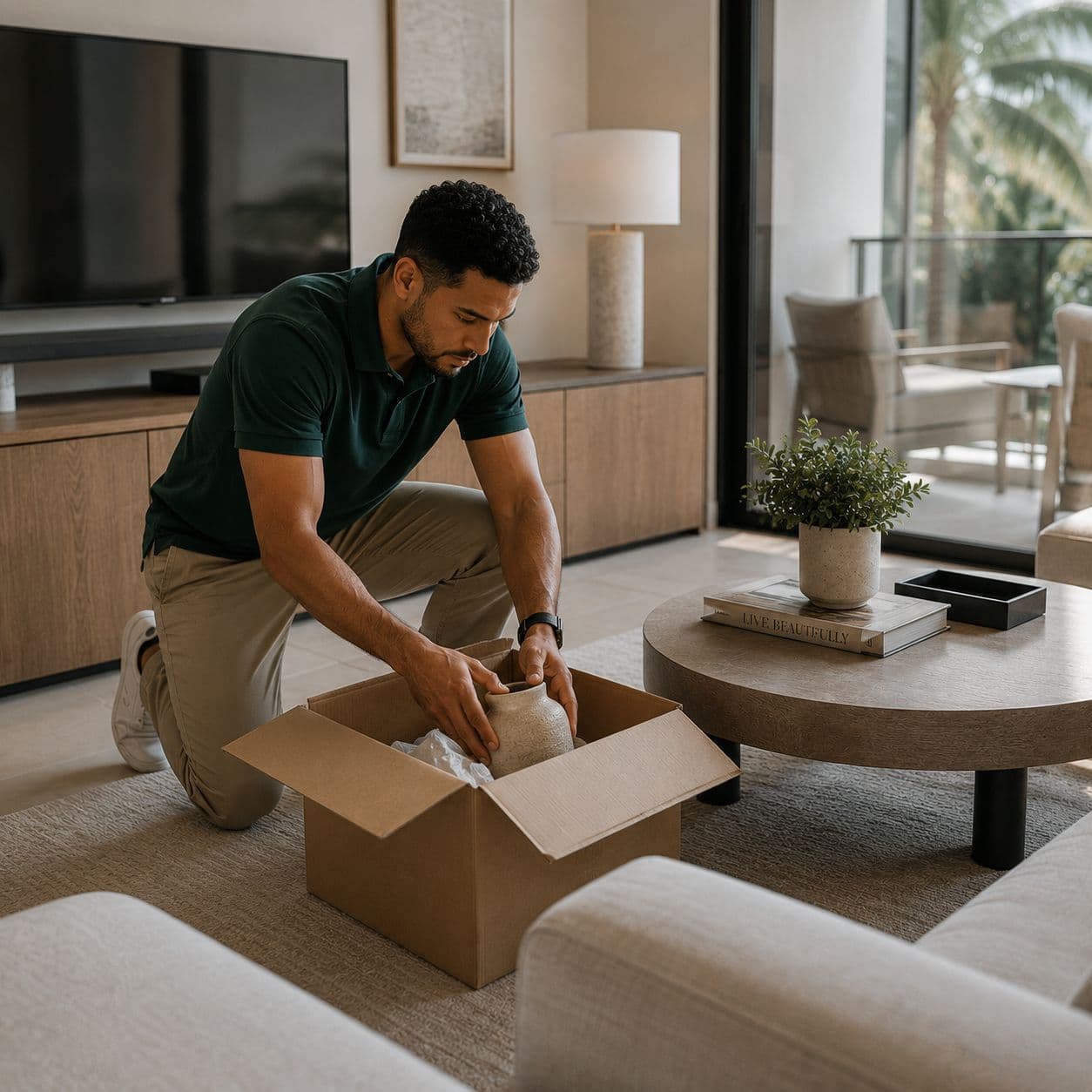 Technician unpacking a replacement item in a living room