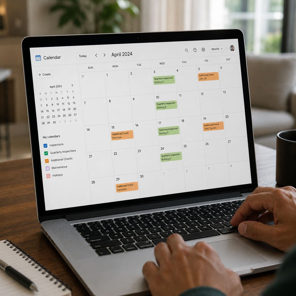 Maintenance calendar on a laptop screen