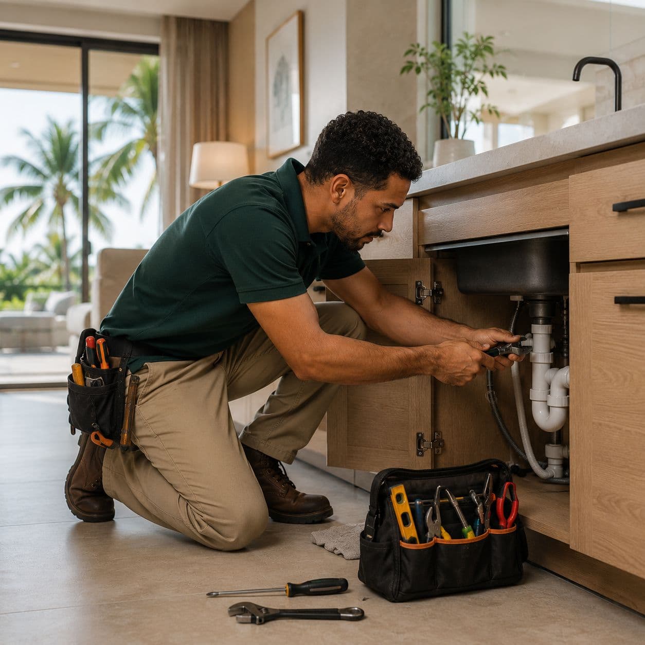 Technician repairing the plumbing under a kitchen sink