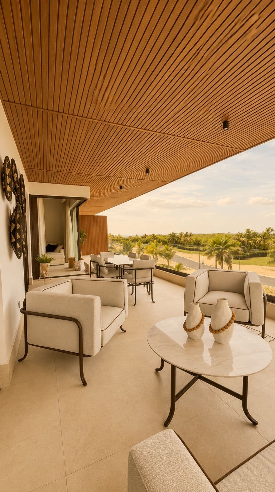 Terraza techada con sillones frente al campo de golf